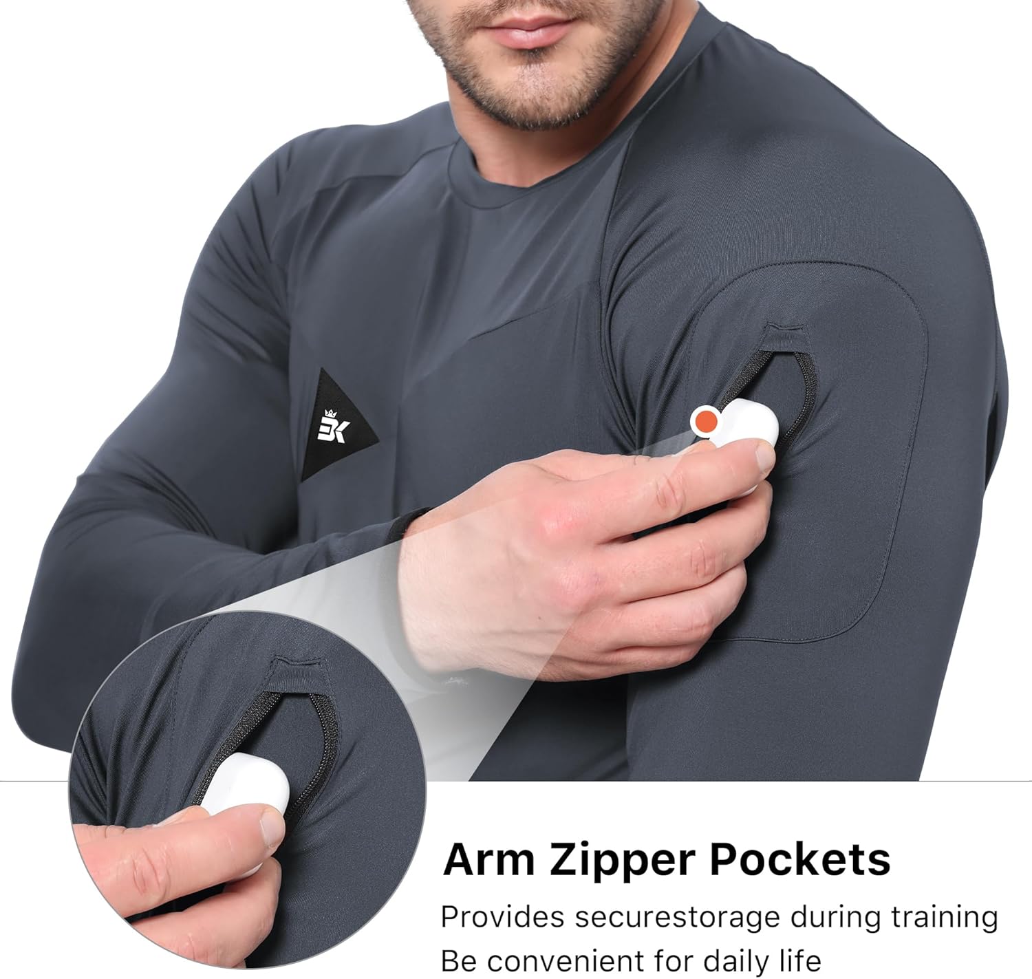 BROKIG Men's Armzip Long Sleeve Running Shirts Quick Dry Sun Protection UV UPF 50+ Jogging T Shirts Zip Pocket Gym Workout - Image 2