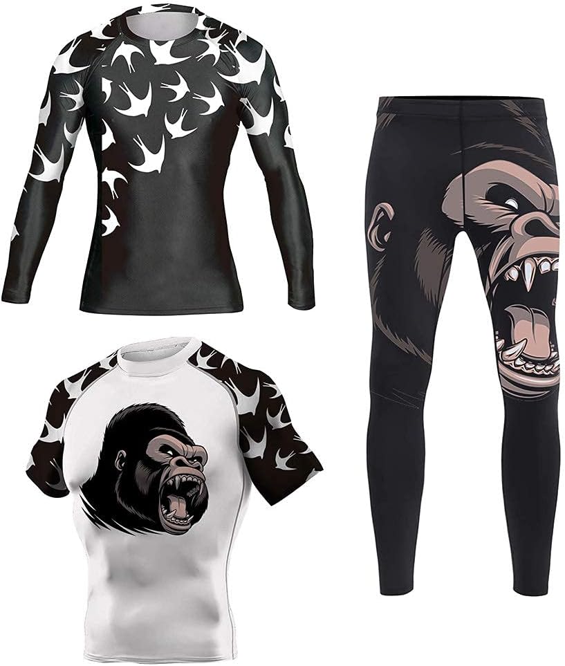 DEHAHA Men's Bat Gorilla Series Wrestling Training Rash Guard Shorts Spat No Gi Set