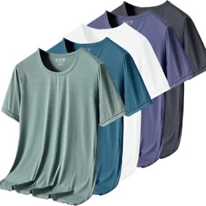 FixtureDisplays® 5 Pack Workout Shirts Dry Fit Moisture Wicking Athletic Shirts Mesh Breathable Short-Sleeve T-Shirt for Men White Black Grey Blue Green Size: M 15787-M-1D