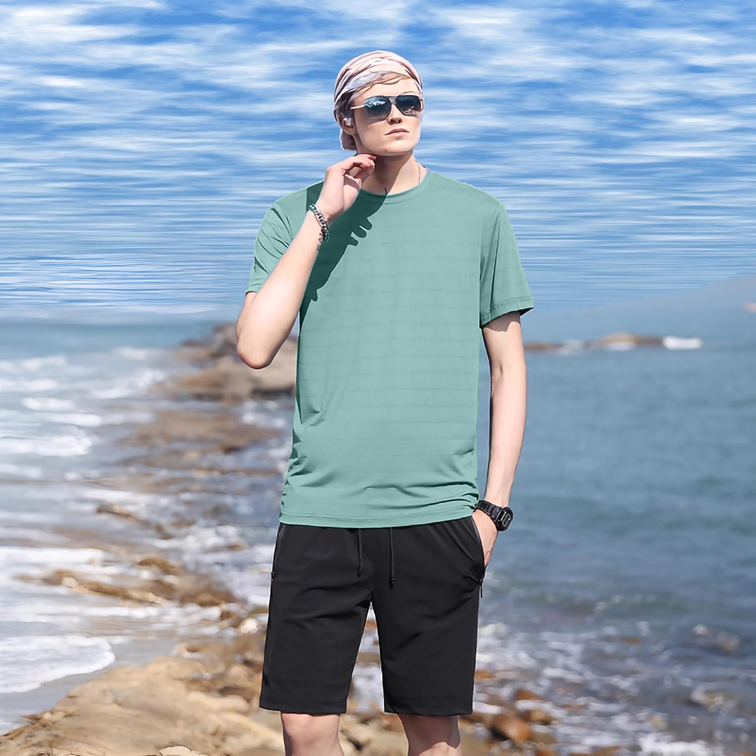 FixtureDisplays® 5 Pack Workout Shirts Dry Fit Moisture Wicking Athletic Shirts Mesh Breathable Short-Sleeve T-Shirt for Men White Black Grey Blue Green Size: M 15787-M-1D - Image 2