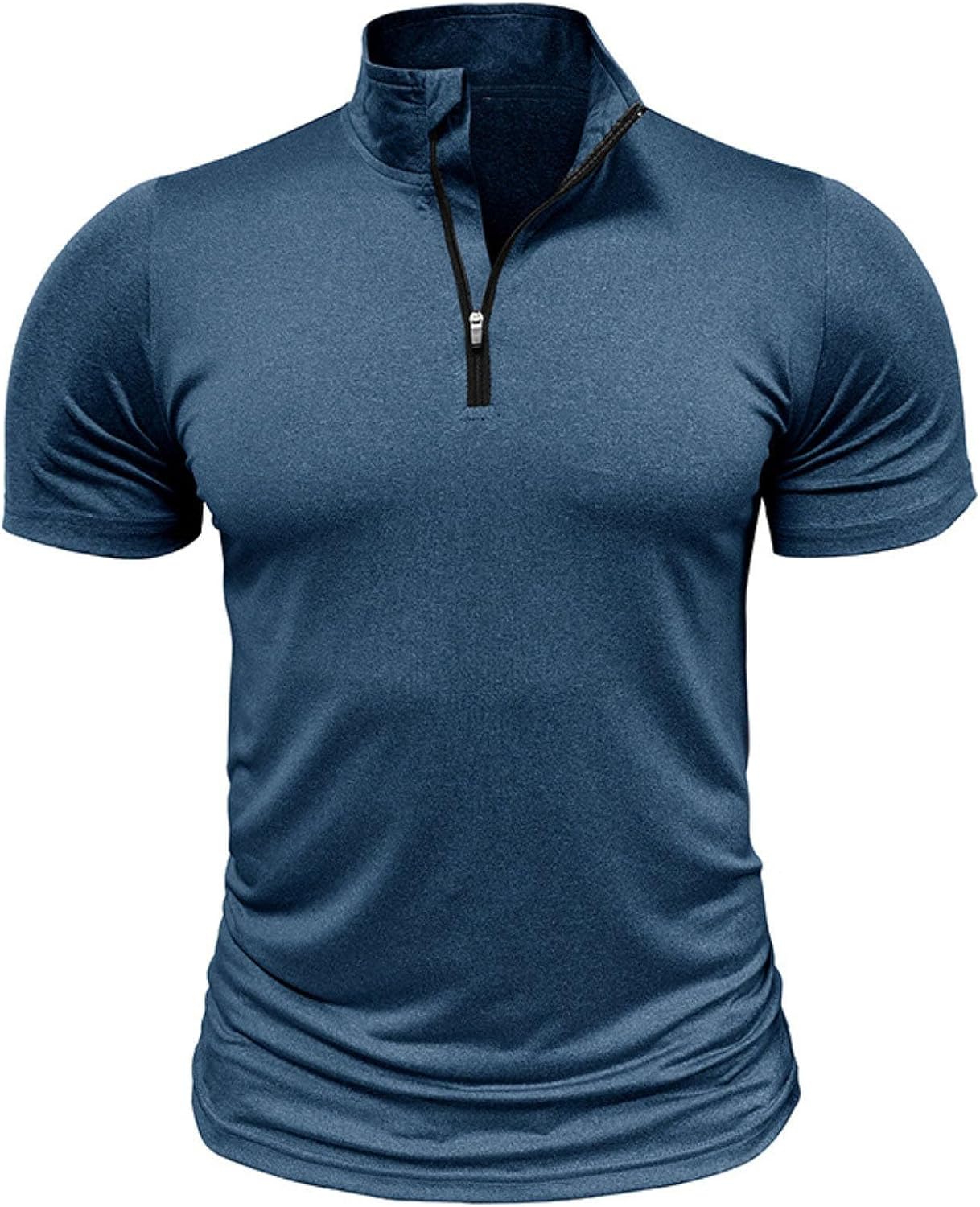 Men's Outdoor Sports T-Shirt 1/4 Zipper Solid Color Casual Slim Stand Collar High Elastic Quick Dry Short Sleeve