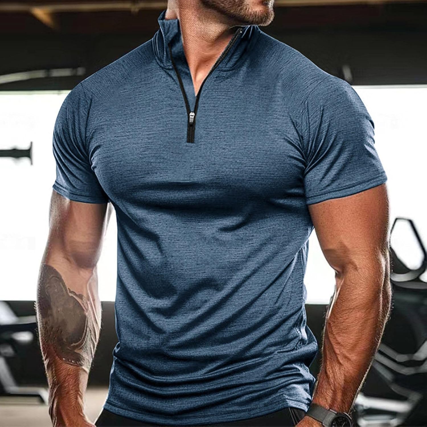 Men's Outdoor Sports T-Shirt 1/4 Zipper Solid Color Casual Slim Stand Collar High Elastic Quick Dry Short Sleeve - Image 2