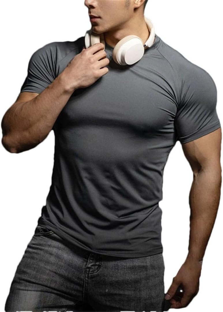 Mens Sports T Shirt Elastic Quick Dry Short Sleeve Gym Running Training Top Leisure Exercise Tee - Image 7