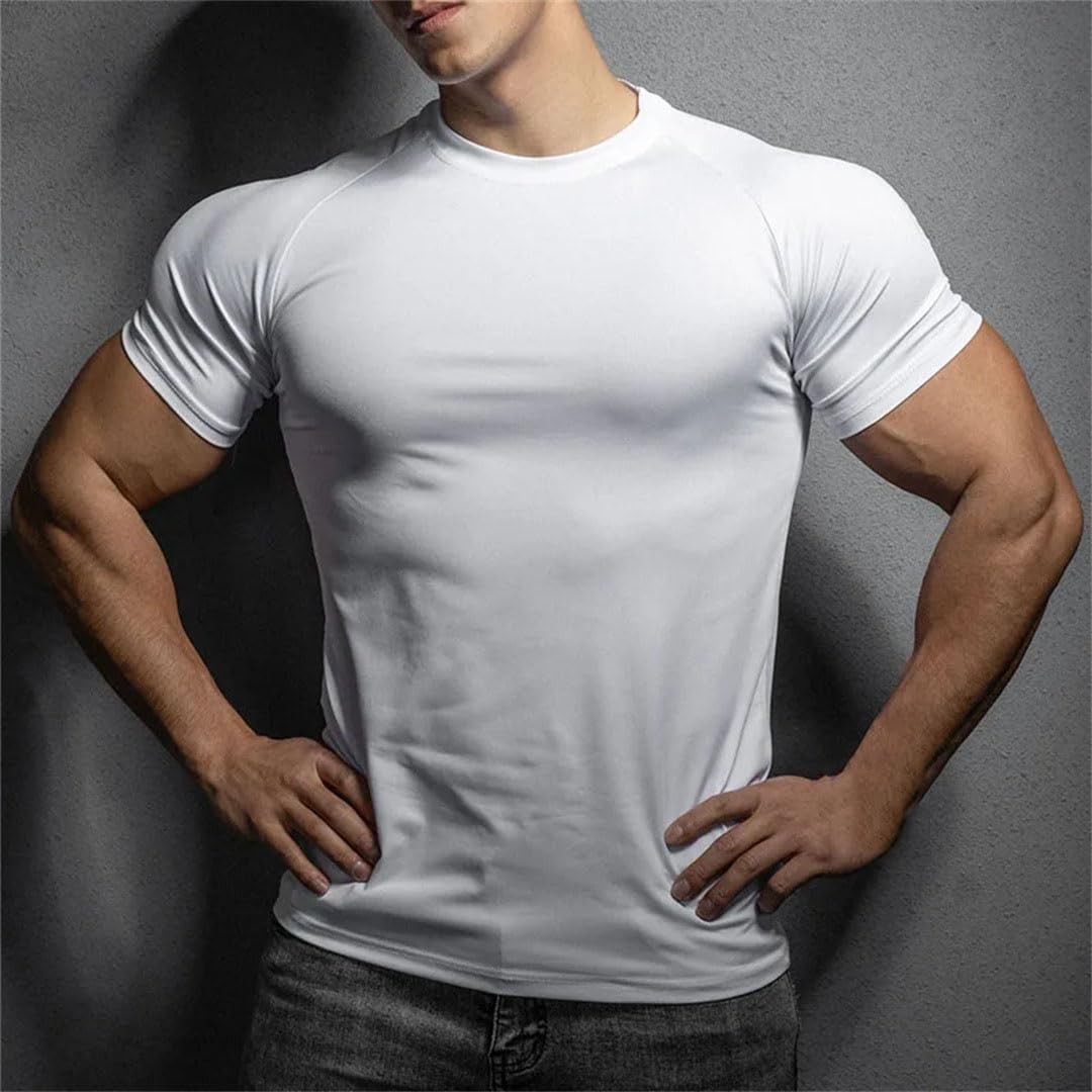 Mens Sports T Shirt Elastic Quick Dry Short Sleeve Gym Running Training Top Leisure Exercise Tee - Image 3