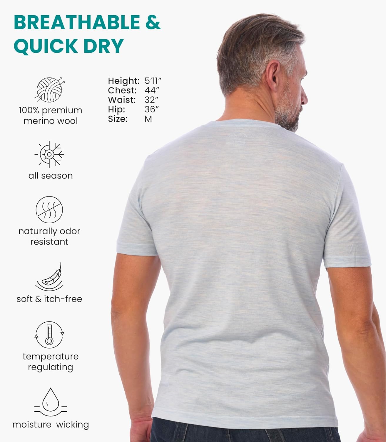 Merino Wool T-Shirt Mens - Short Sleeve Merino Wool Shirts for Men Sport Lightweight Thermal Base Layer Hiking Tshirt - Image 2