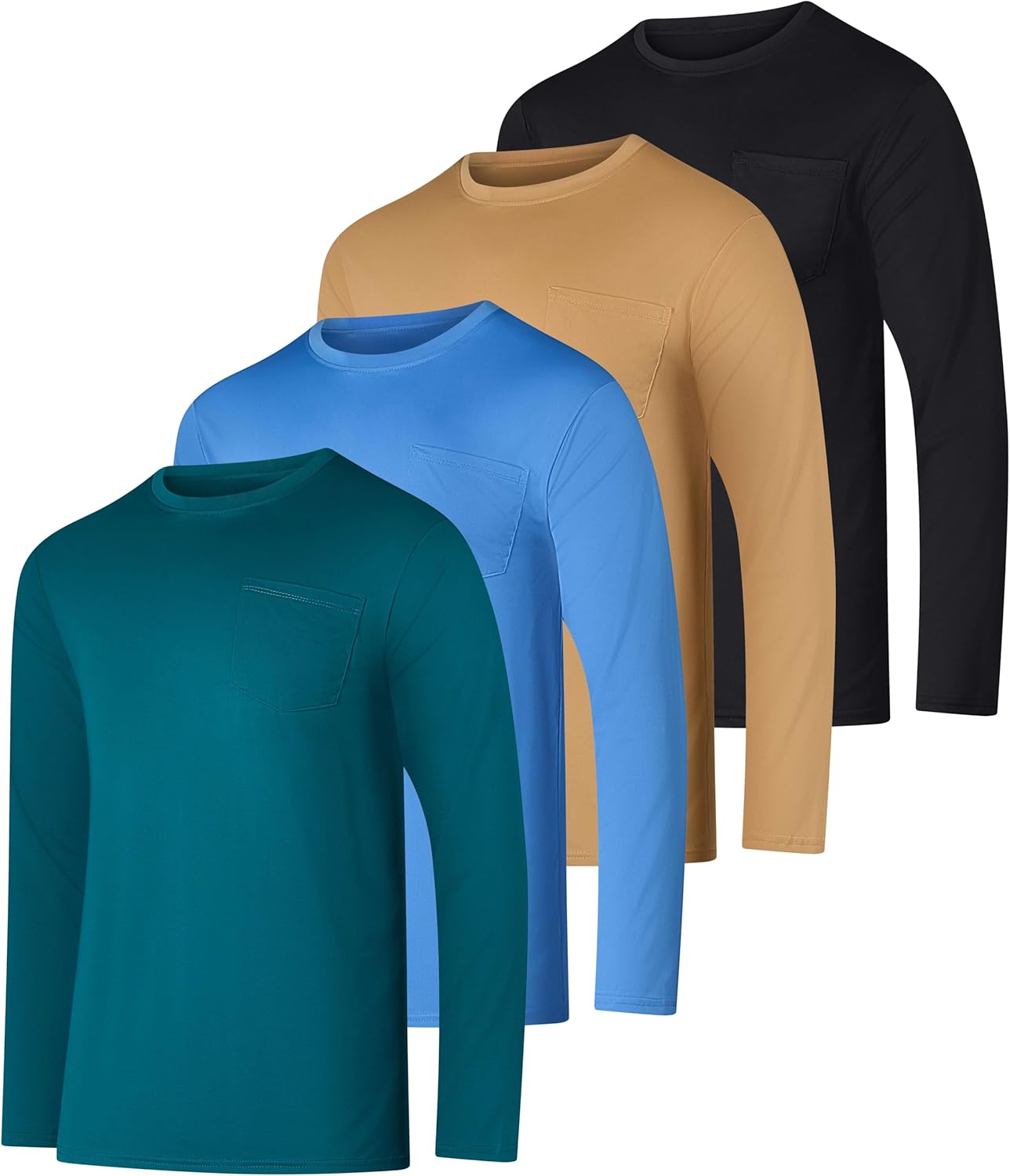 Real Essentials 4 Pack: Men's Dry-Fit Active Athletic Long Sleeve Pocket Crew T-Shirt Outdoors UPF 50 S-5XLT - Image 14