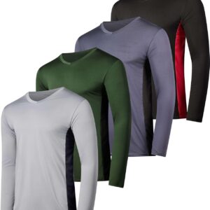 Real Essentials 4 Pack: Men's Dry Fit Long Sleeve V-Neck Active T-Shirt - Athletic Outdoor UPF 50+ - Set 4, 3X